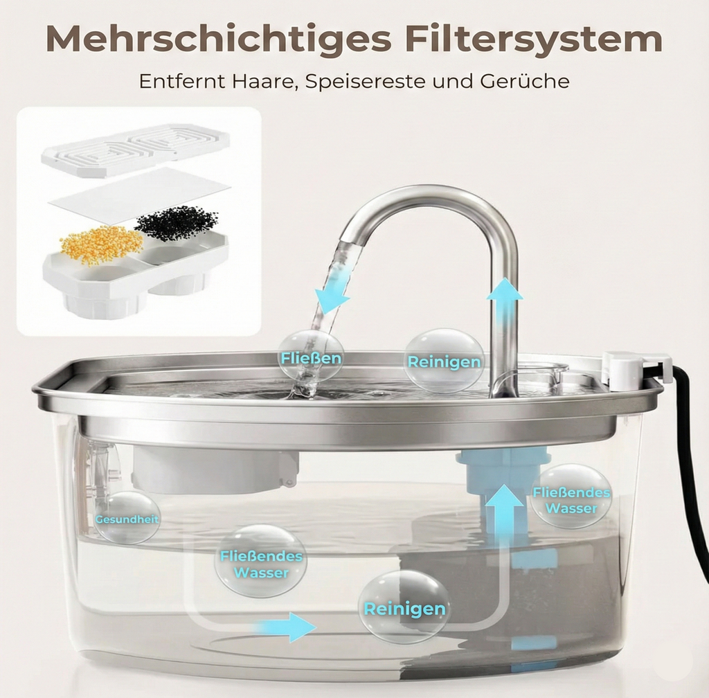 MietzBar - Smart Edelstahl Katzenbrunnen 3,2L – Leiser Wasserspender mit Filtersystem inkl. 8 Ersatzfilter