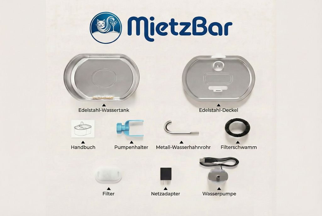 MietzBar - Smart Edelstahl Katzenbrunnen 3,2L – Leiser Wasserspender mit Filtersystem inkl. 8 Ersatzfilter