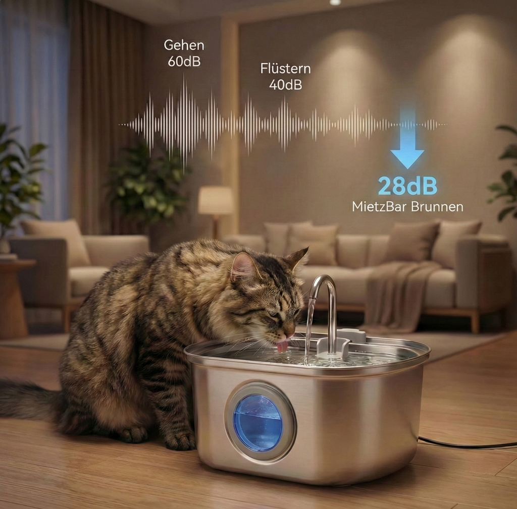 MietzBar - Smart Edelstahl Katzenbrunnen 3,2L – Leiser Wasserspender mit Filtersystem inkl. 8 Ersatzfilter