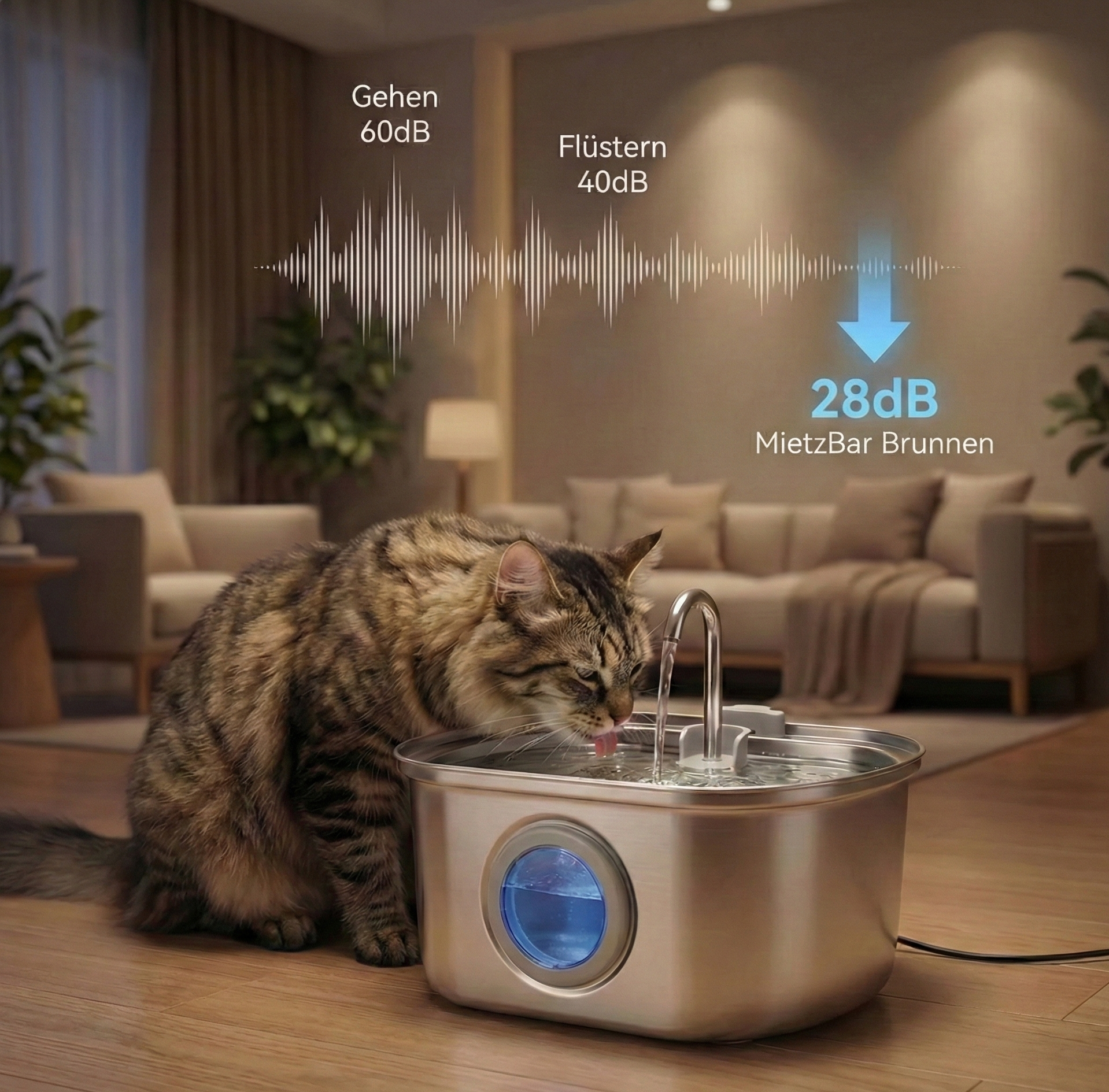 MietzBar - Smart Edelstahl Katzenbrunnen 3,2L – Leiser Wasserspender mit Filtersystem inkl. 8 Ersatzfilter