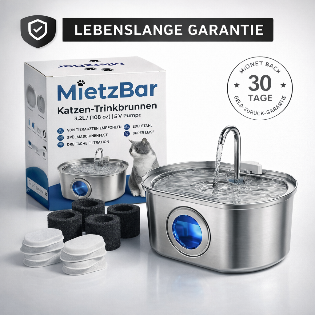 MietzBar - Smart Edelstahl Katzenbrunnen 3,2L – Leiser Wasserspender mit Filtersystem inkl. 8 Ersatzfilter