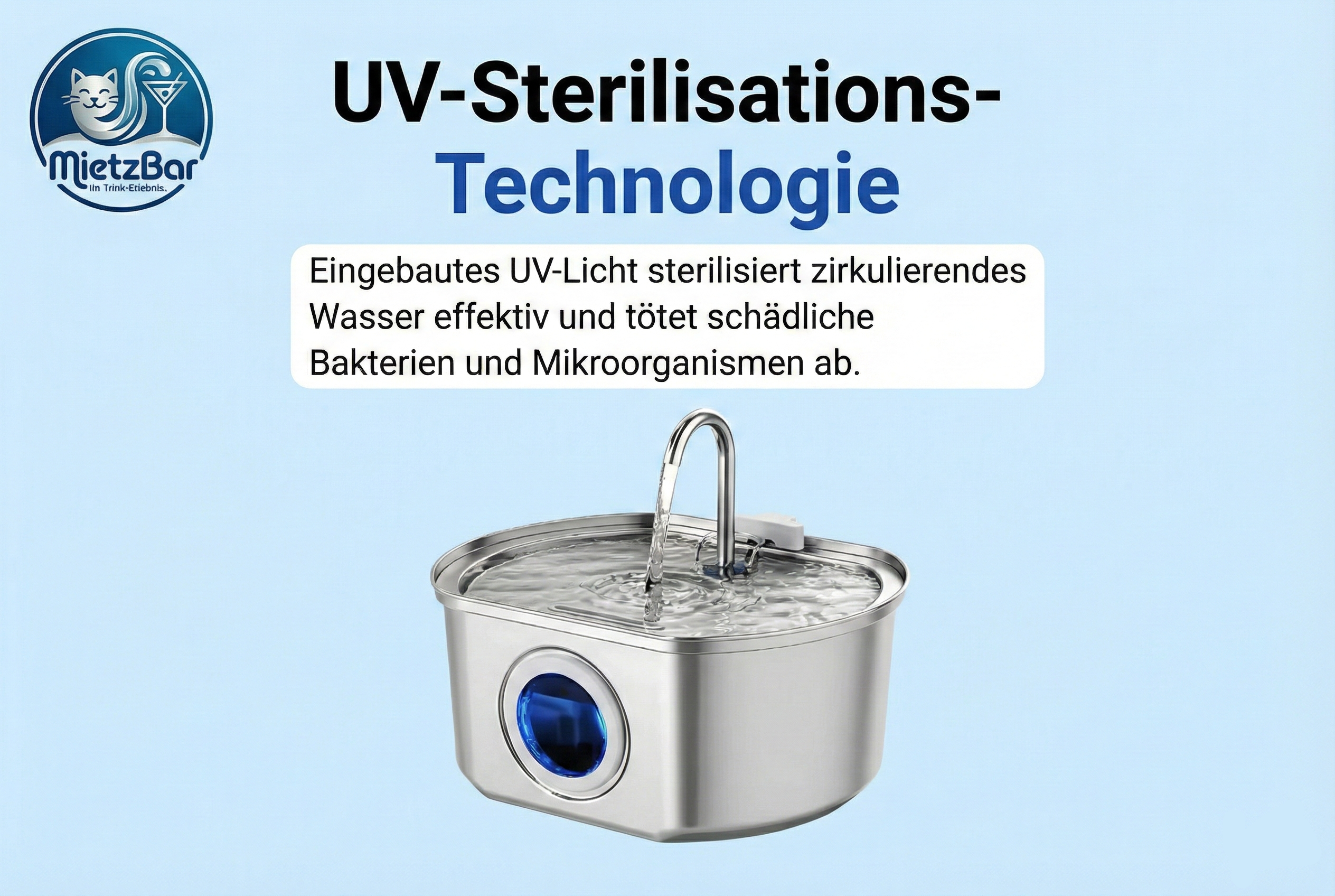 MietzBar - Smart Edelstahl Katzenbrunnen 3,2L – Leiser Wasserspender mit Filtersystem inkl. 8 Ersatzfilter