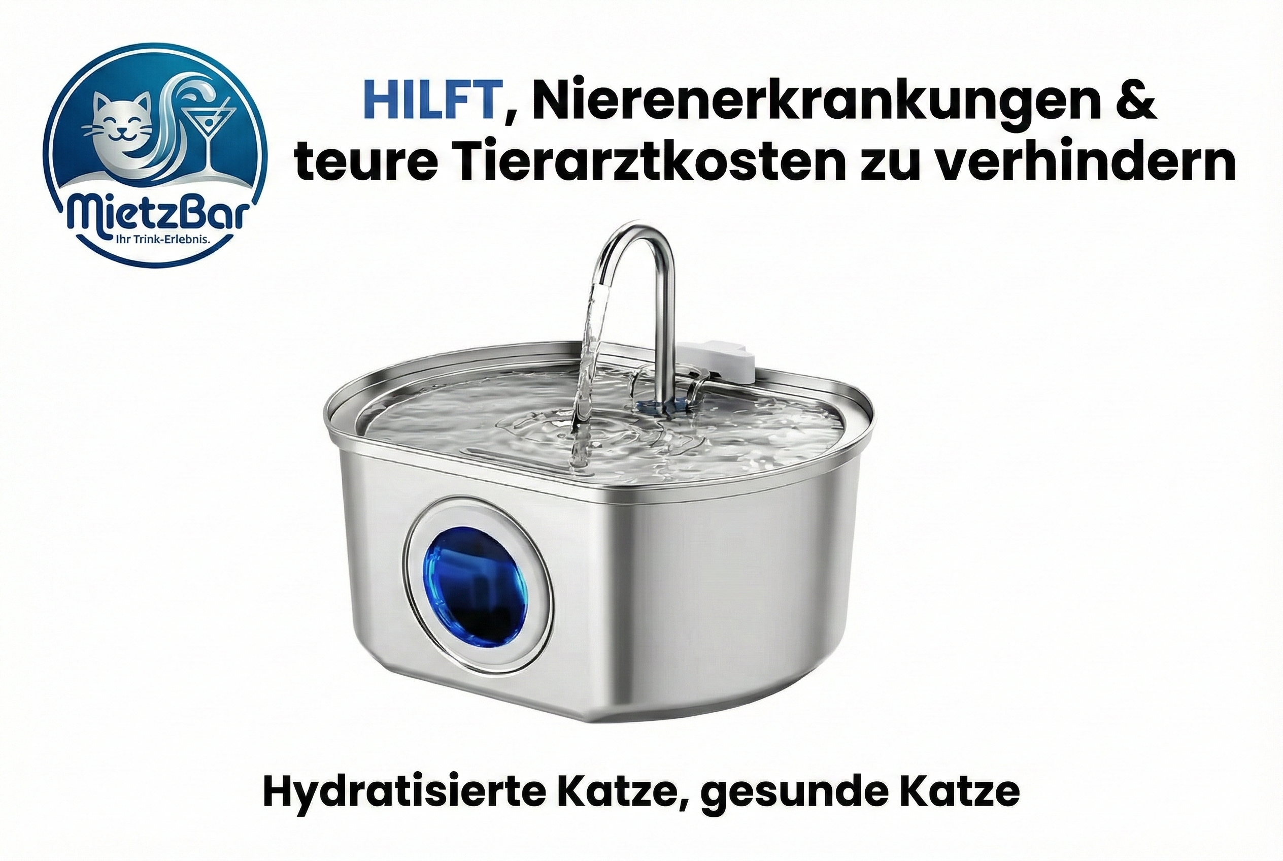 MietzBar - Smart Edelstahl Katzenbrunnen 3,2L – Leiser Wasserspender mit Filtersystem inkl. 8 Ersatzfilter